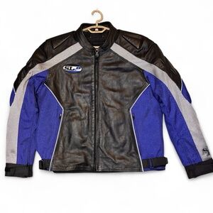 STREET LEGAL PERFORMANCE Leather Motorcycle Jacket Padded Men’s Sz XL Black/Blue